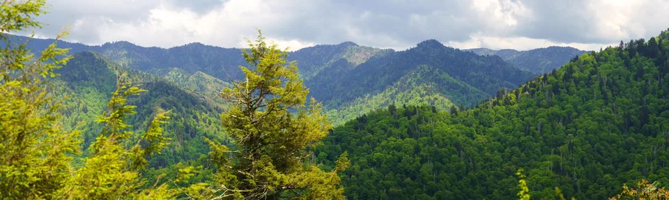 Panorama of mountain ridges in afternoon light