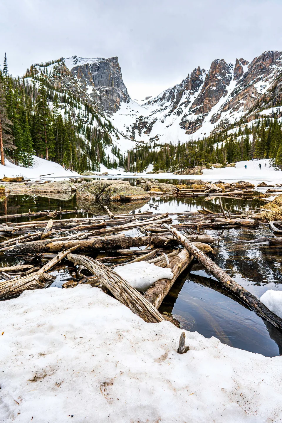 Snowy logjam at an alpine lake beneath granite peaks