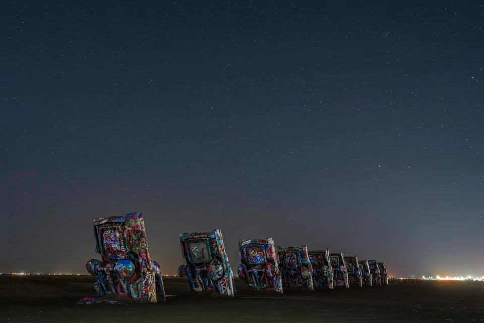 Cadillac Ranch beneath a starry night sky